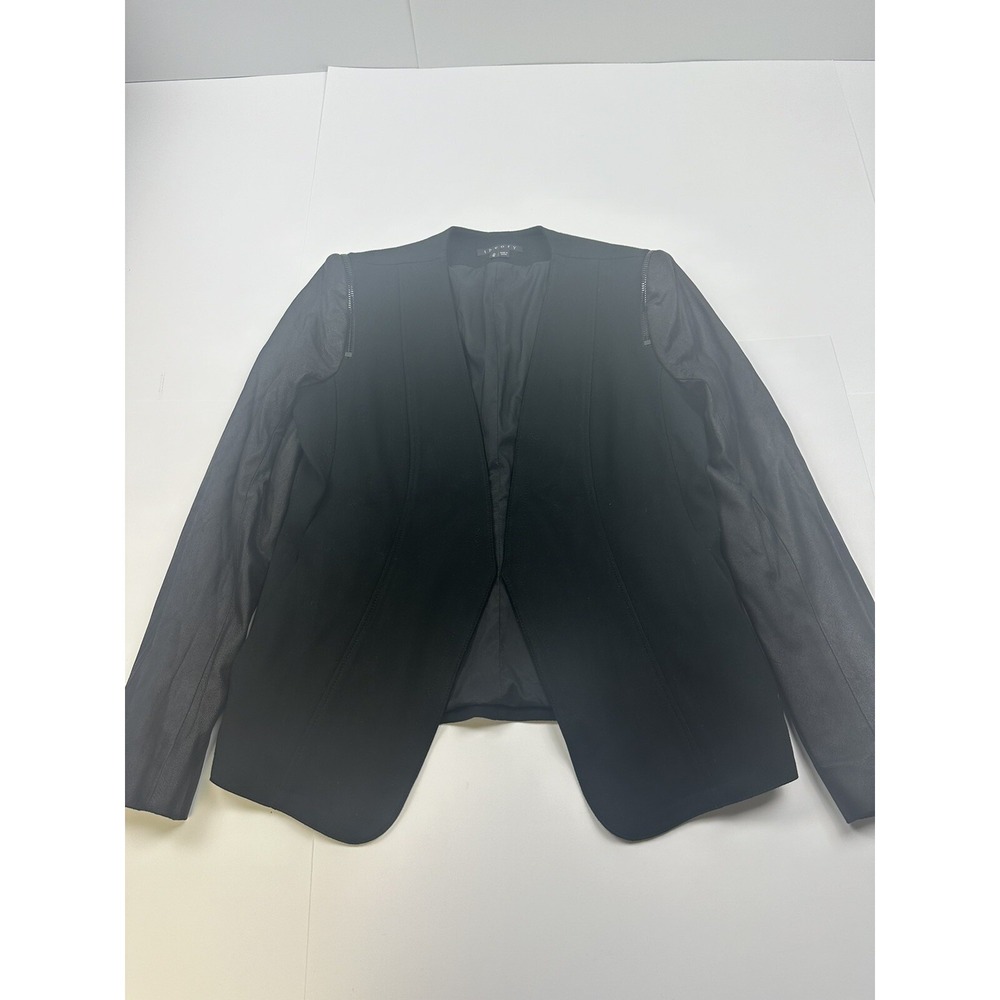 Theory Womens Leather Sleeve Open Front Coat Blazer Black Size Medium
